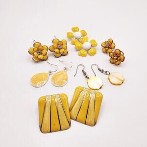 Vintage Yellow Pierced Earring Lot 6 Pairs, Enamel Floral Mod Retro Mixed Styles
